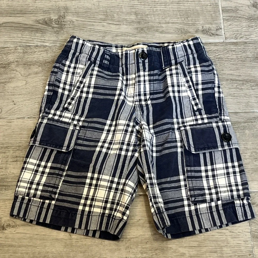 Lands' End Shorts Boy 6 Navy Blue Plaid Cargo Shorts‎ Cotton Elastic Back Preppy